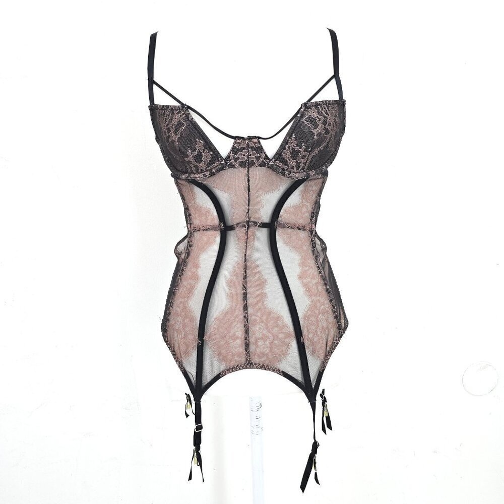 Victoria's Secret Black Blush Lace Bustier Garter Belt Padded Women Size 34B